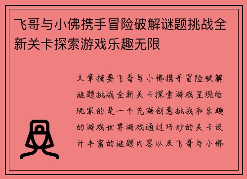 飞哥与小佛携手冒险破解谜题挑战全新关卡探索游戏乐趣无限